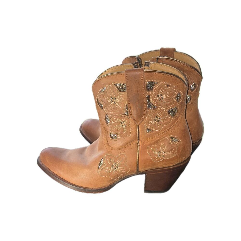 Shyanne Women’s Brown Leather Western Ankle Boots Embroidered 11 M